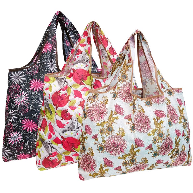 allydrew Large Foldable Tote Nylon Reusable Grocery Bag, 3 Pack, Pink Floral Bloom - Image 1
